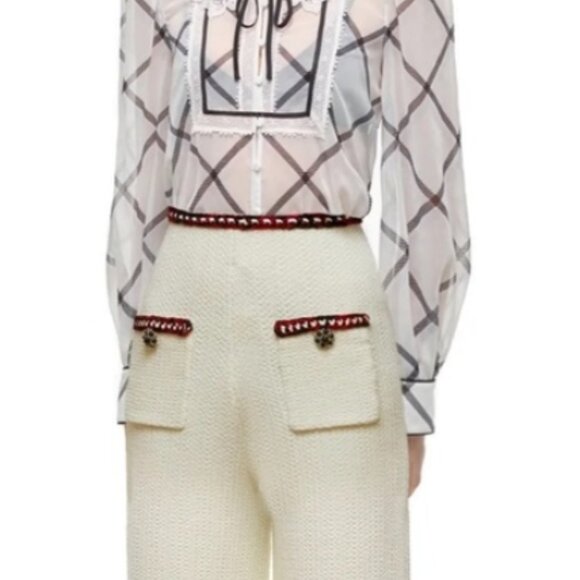 NWT Rare Self-Portrait Embellished Waffle Knit Wide Leg Pants in Ivory S $400